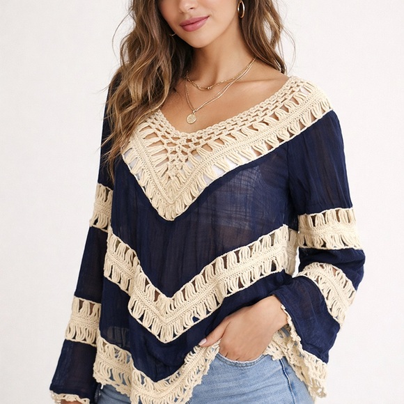 Umgee Tops - Umgee Boho Crochet Trim Sheer Blouse | Festival Coastal Western Medium
